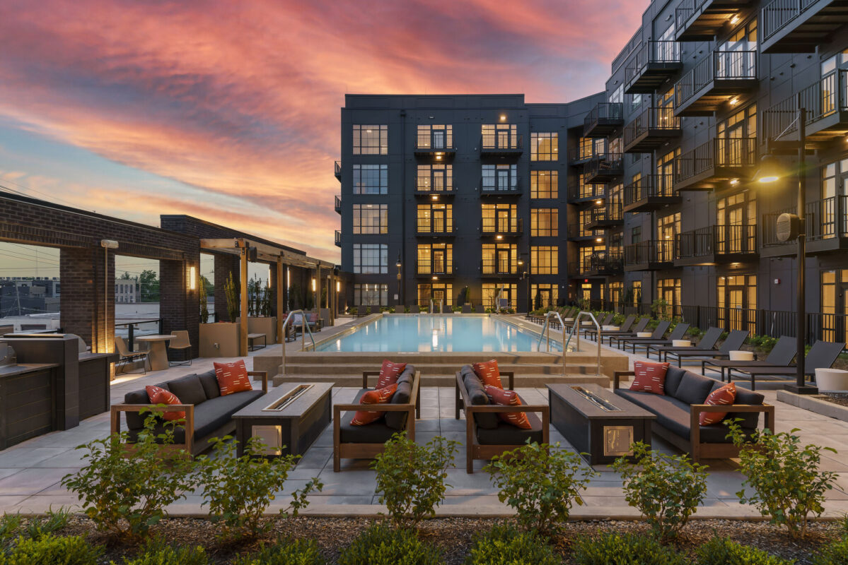 Beautiful sunset shot of the Crossline and its pool and lounging area